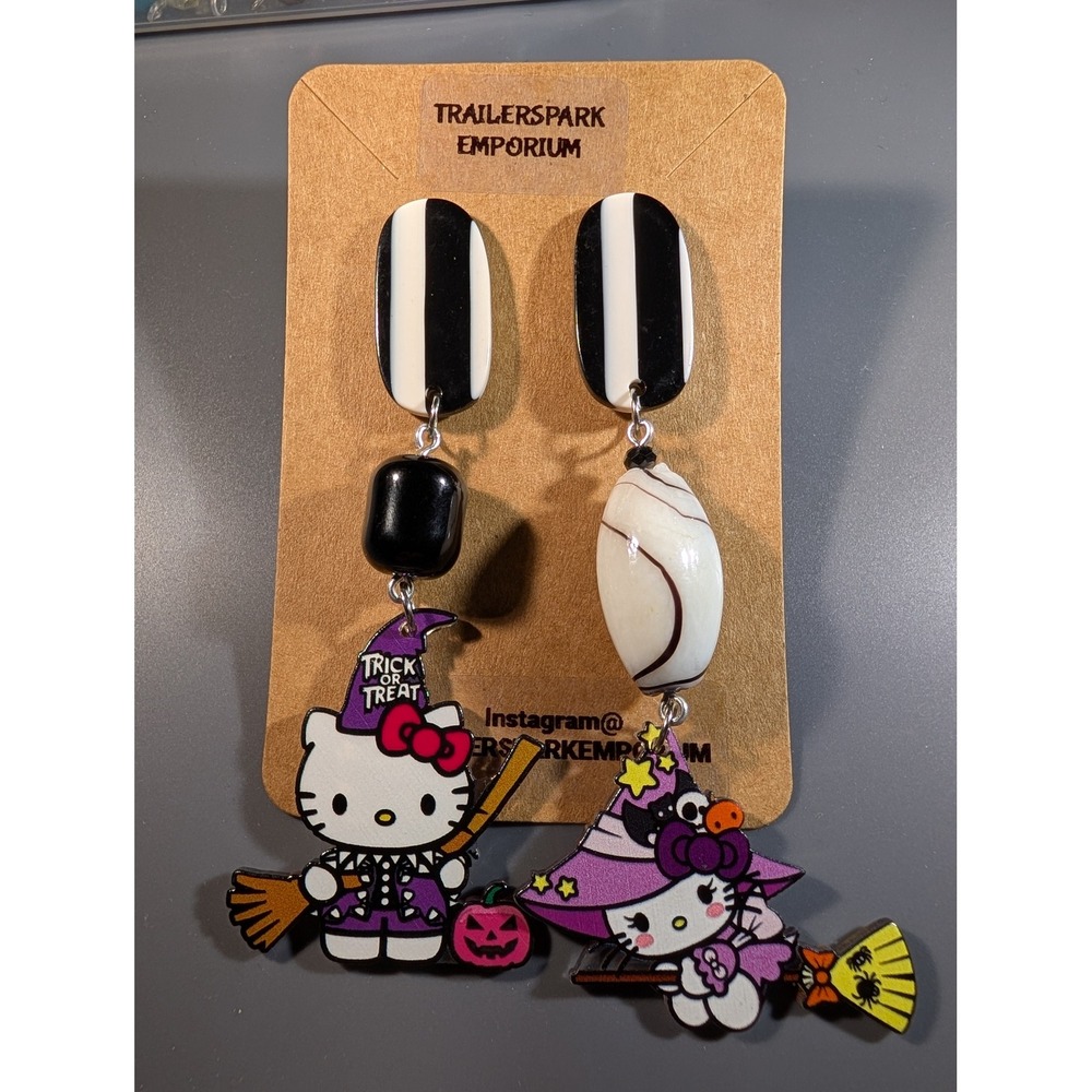 Hello Kitty Halloween Witch Mismatched Drop Earrings Nickel Free Handmade